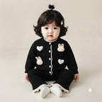 Cute Bunny and Heart Applique Knit Cardigan and Pants Set-Black