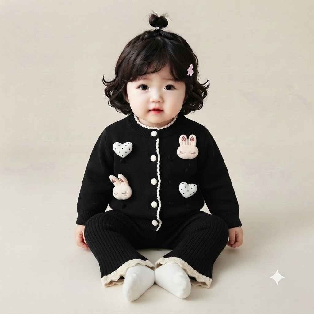 Cute Bunny and Heart Applique Knit Cardigan and Pants Set-Black