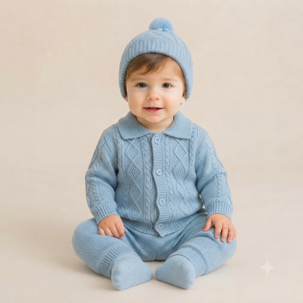 Newborn Knit Cardigan & Cap Set - Sky Blue