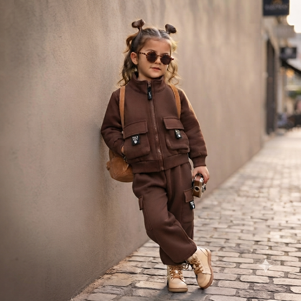 Unisex Kids Fleece Cargo Tracksuit Set-Brown