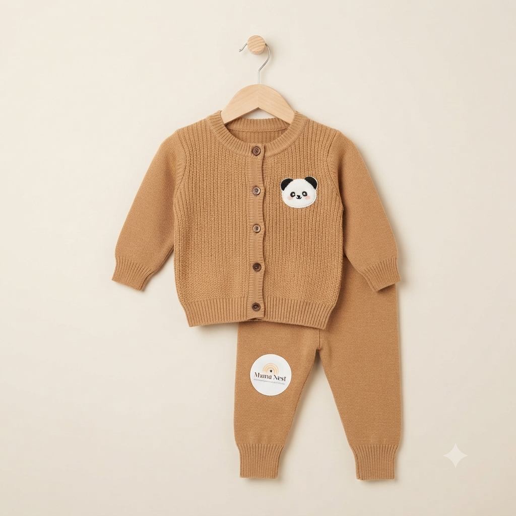 Baby Blue Panda Patch Ribbed Knit Cardigan Set-Brown
