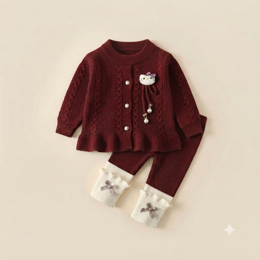 Hello Kitty Cable-Knit Ruffled Cardigan & Leggings Set