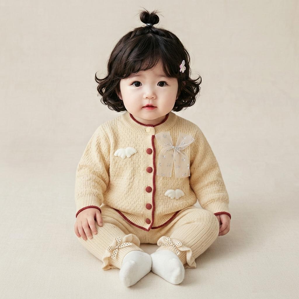 Bow Accent Ribbed Knit Cardigan and Pants Set