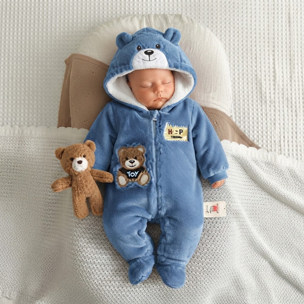 Cozy Bear Hooded Fleece Romper-Blue