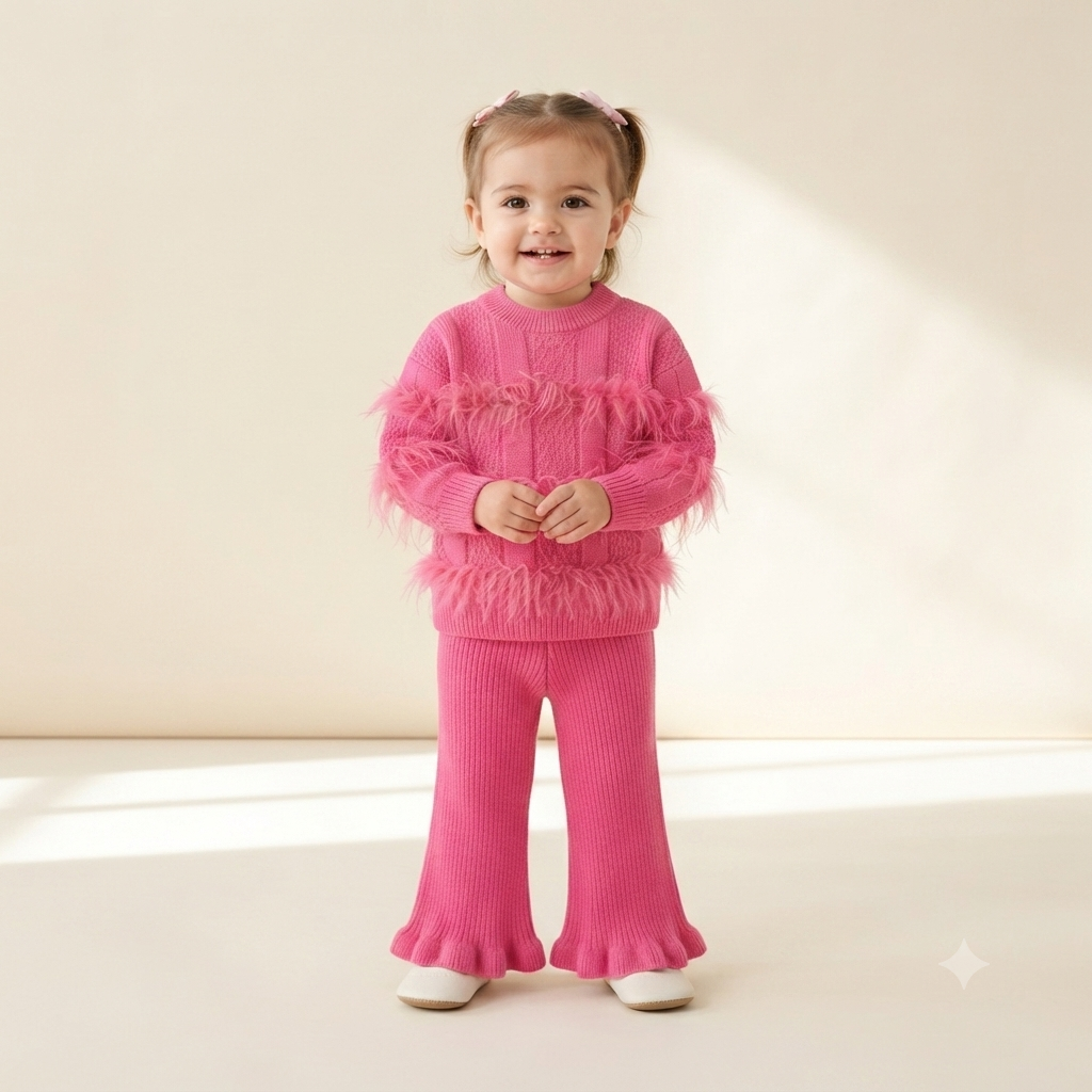 Hot Pink Feather Knit Sweater & Flare Pants Set
