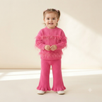 Hot Pink Feather Knit Sweater & Flare Pants Set