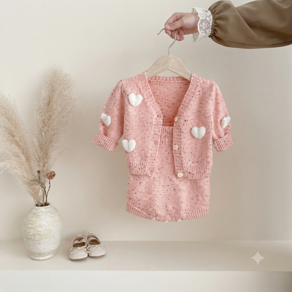 Pastel Pink Confetti Knit Heart Cardigan & Romper Set