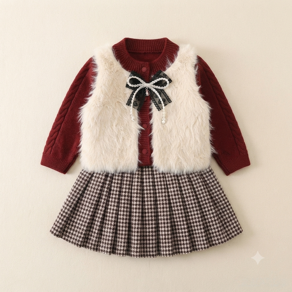 Toddler Girls Faux Fur Vest and Houndstooth Skirt Set- Maroon