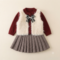 Toddler Girls Faux Fur Vest and Houndstooth Skirt Set- Maroon