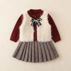 Toddler Girls Faux Fur Vest and Houndstooth Skirt Set- Maroon