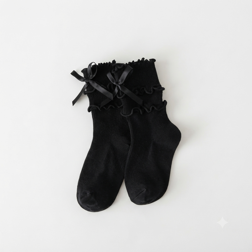 Princess Ruffle & Bow Girls Ankle Socks - Black & white