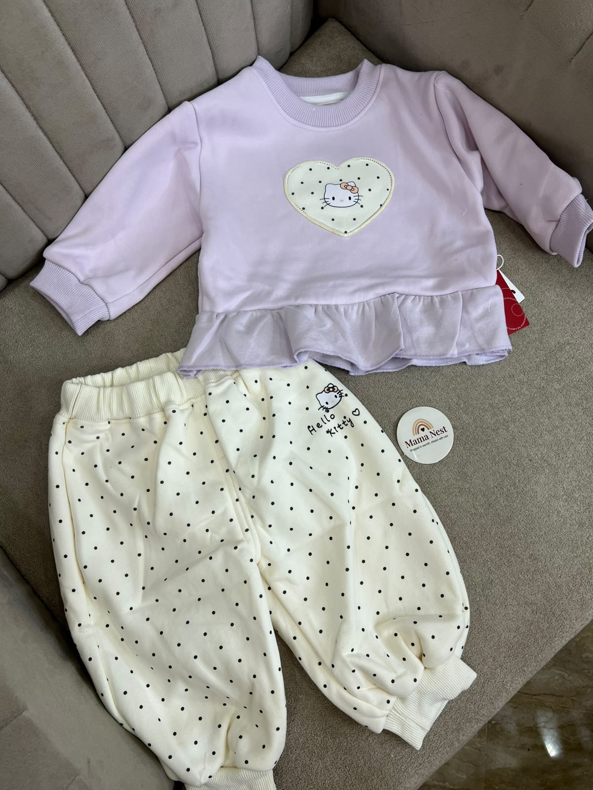Lilac Peplum Sweatshirt & Polka Dot Trouser Set Fleece
